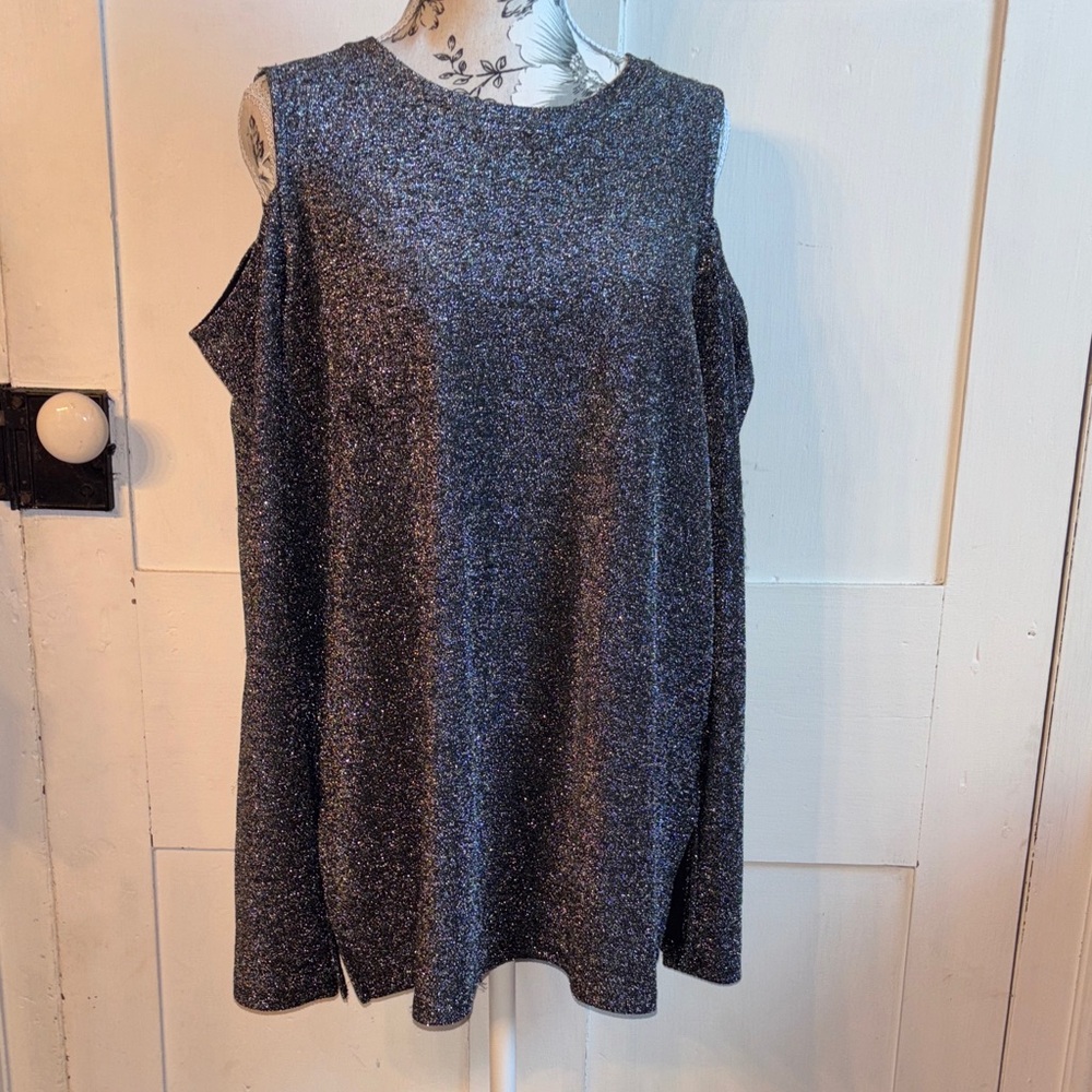 MICHAEL Michael Kors Long Sleeve Silver Shimmer Black Cold Shoulder Top Black XL